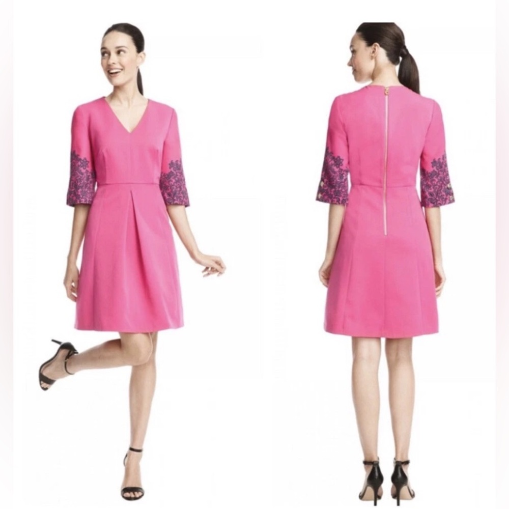 Draper James Hot Pink fit flared half sleeve V neck mini dress size 12 NWT